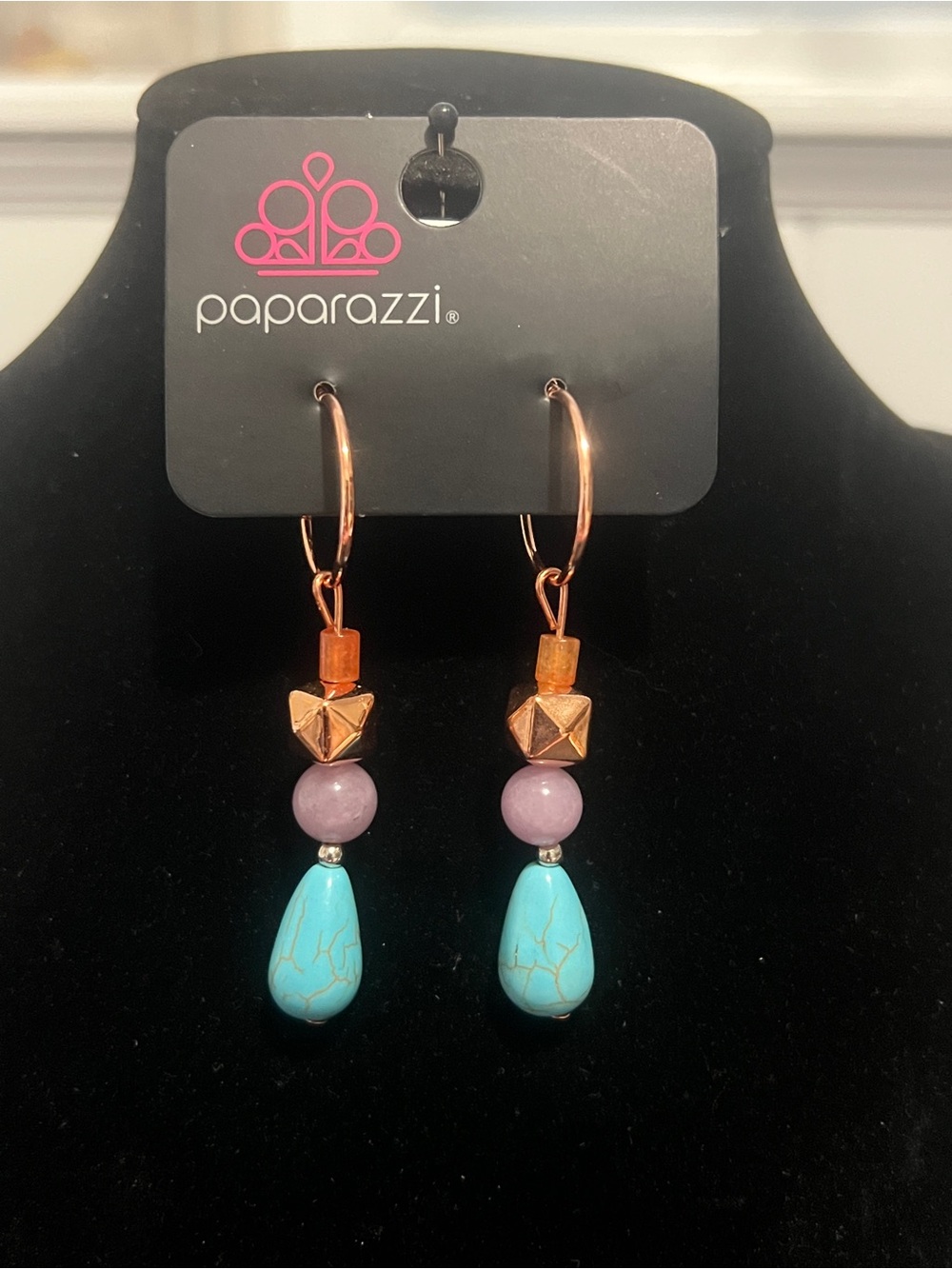 Paparazzi Turquoise Teardrop & Lavender Bead Copper Hoop Earrings